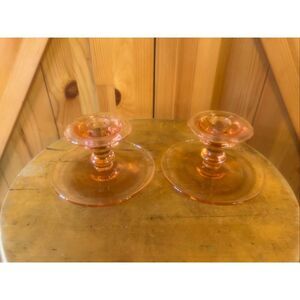 Set of 2 Vintage Pink Pressed Glass tapered Candle Holder 2.5" Tall 5" Base (599